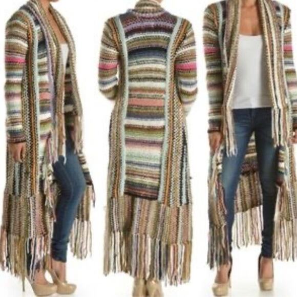 T Party Fashion Sweaters - T Party Multi-Color Fringe Knit Maxi Cardigan Size M Medium